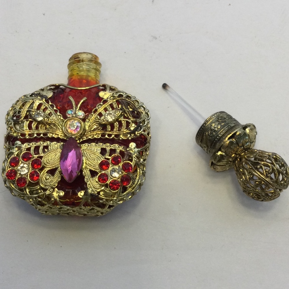 Vintage Bohemia Red Glass Perfume Bottle Butterfly with Gold & Red Accents